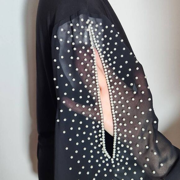 S. Levine Black Dressy Blouse with Slit Sleeves and Pearl Accent Size Small - Picture 7 of 9